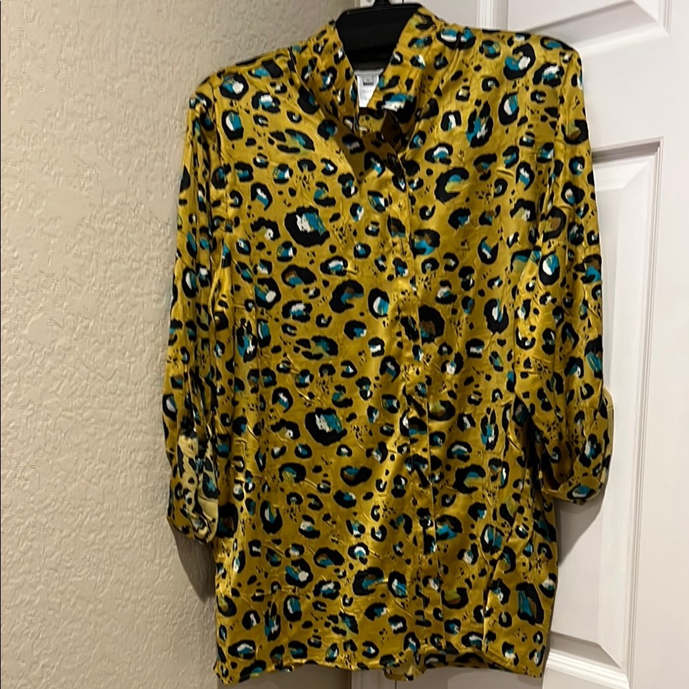Multiples Yellow and Teal Leopard Print Shirt